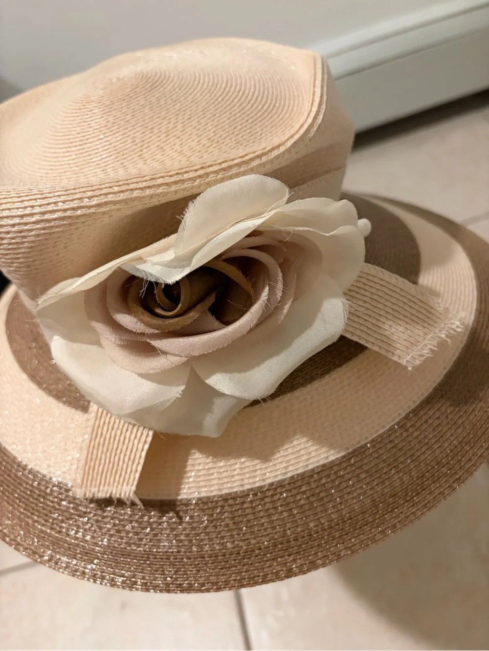 Gila Hat Creations NYC Wide Brim Flower Hat Beige Brown Women’s Dress Hat